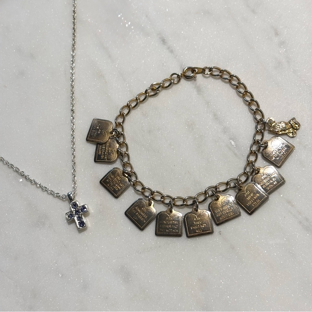 Silver Tone Rhinestone cross Necklace 10 Commandments Charm Bracelet Set
